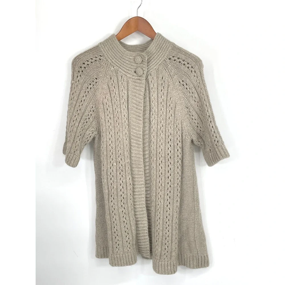 Chicos Womens Cardigan 2 M/L Sweater Beige Wool Blend Short Sleeve Mohair Wool
